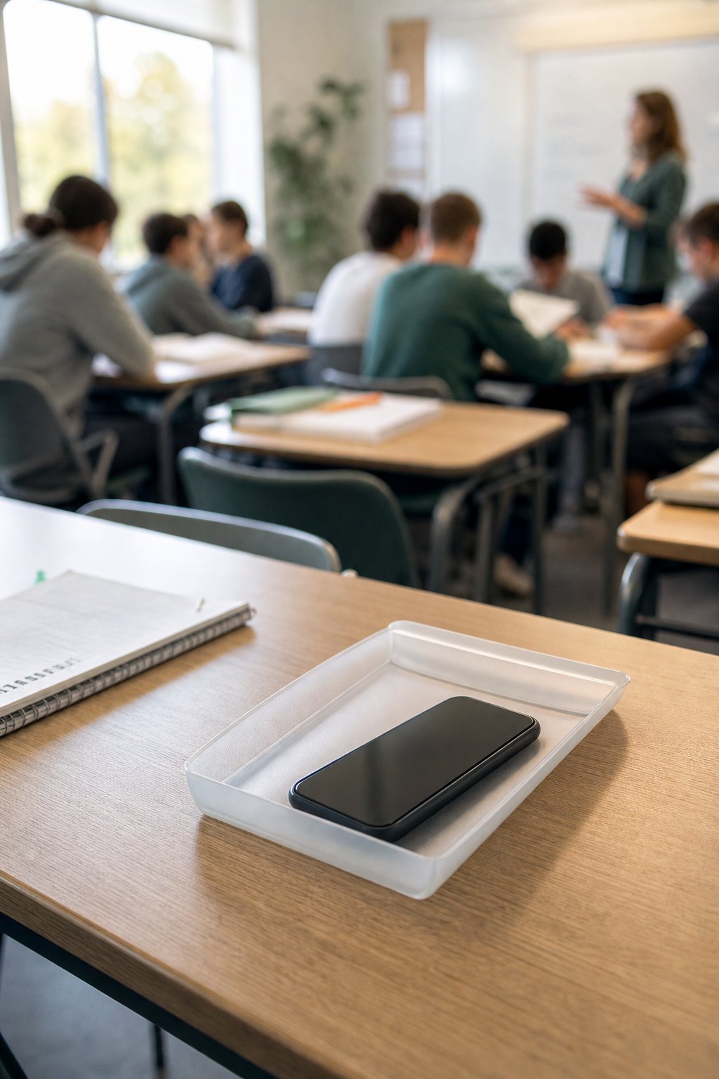 Teléfono personal apartado sobre un pupitre en un aula enfocada en el aprendizaje
